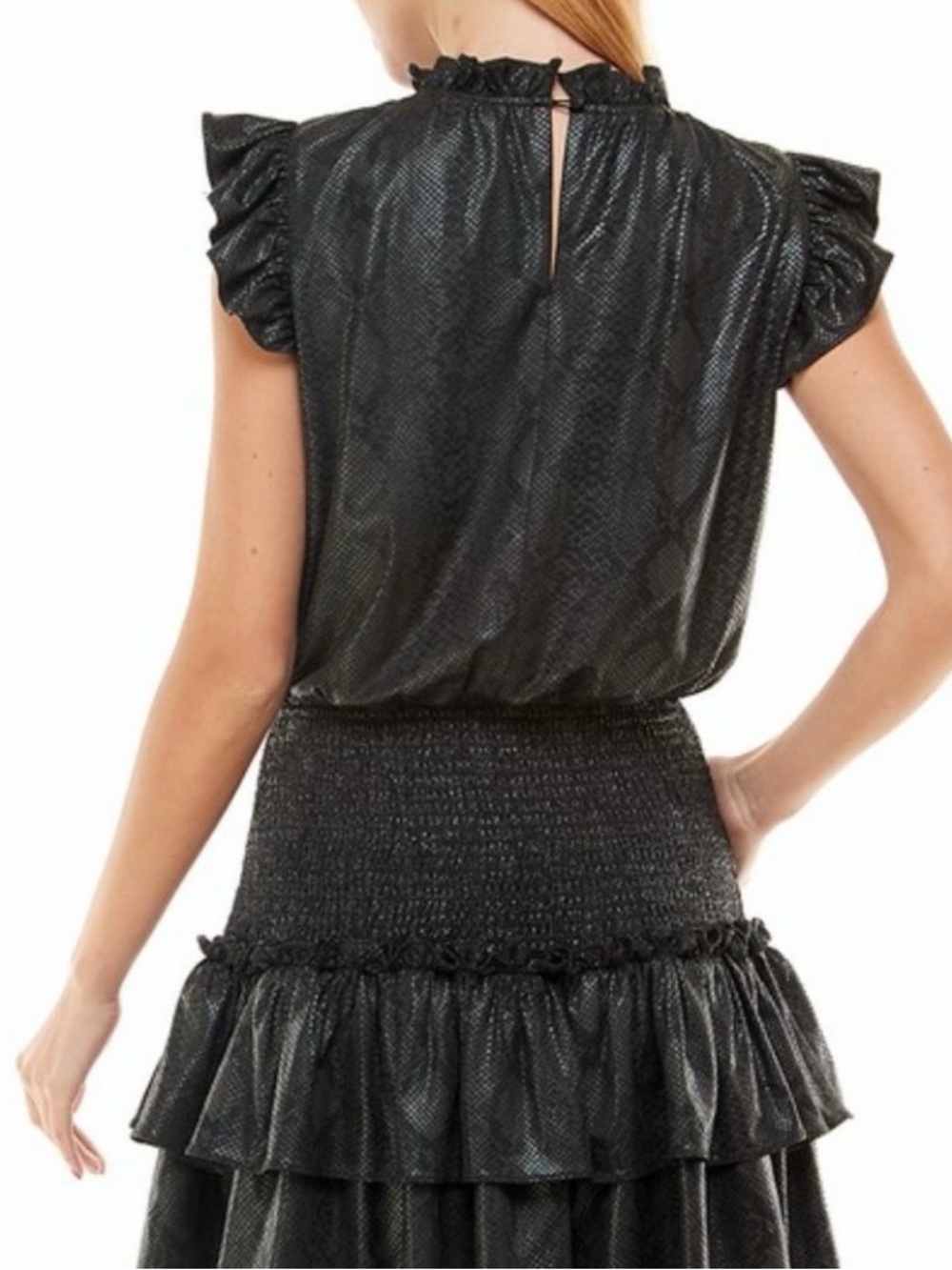 TCEC Faux Leather Black Snake Smocked Ruffle Tiered Mini Dress - Picture 4 of 10